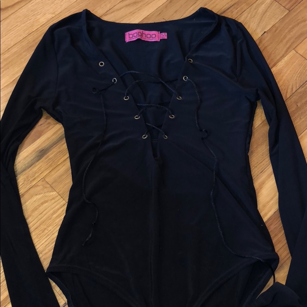 Black lace up long sleeve bodysuit
